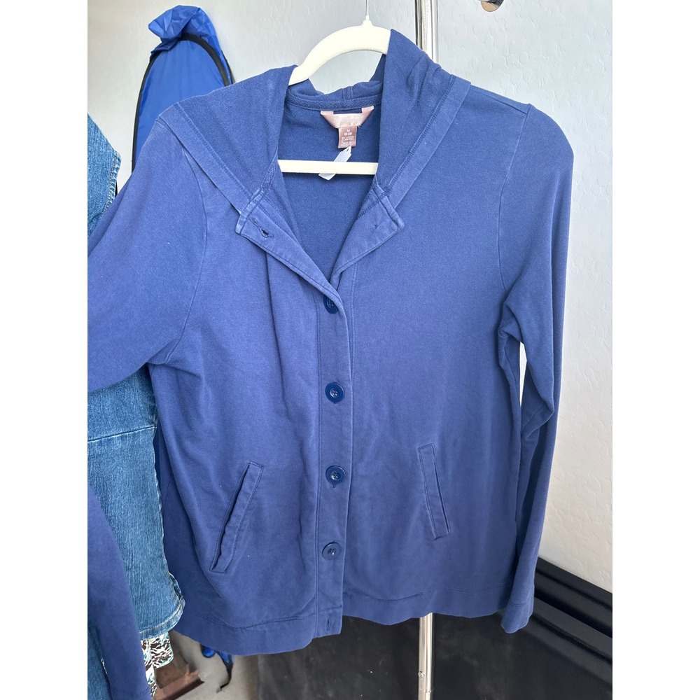 Blue Button Up Hoodie Cardigan Jacket Lightweight Cotton Sweater White Stag M